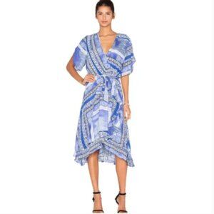 Parker Dominica Midi Dress Womens Medium Blue White Faux Wrap Dolman Sleeve